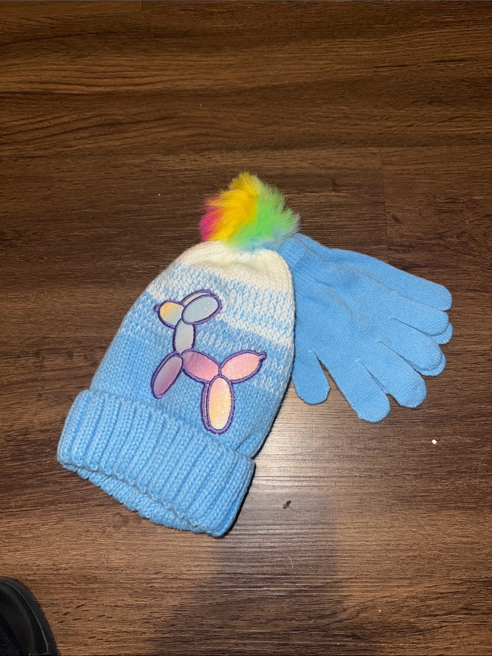 Girls New Blue Pom-Pom Beanie & Glove Set with Balloon Dog Patch
